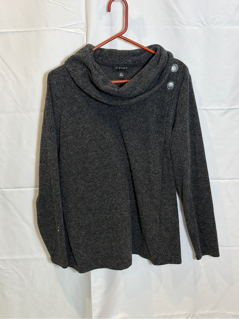 I.N. Studio Dark Charcoal Cowl Neck Button Pullover